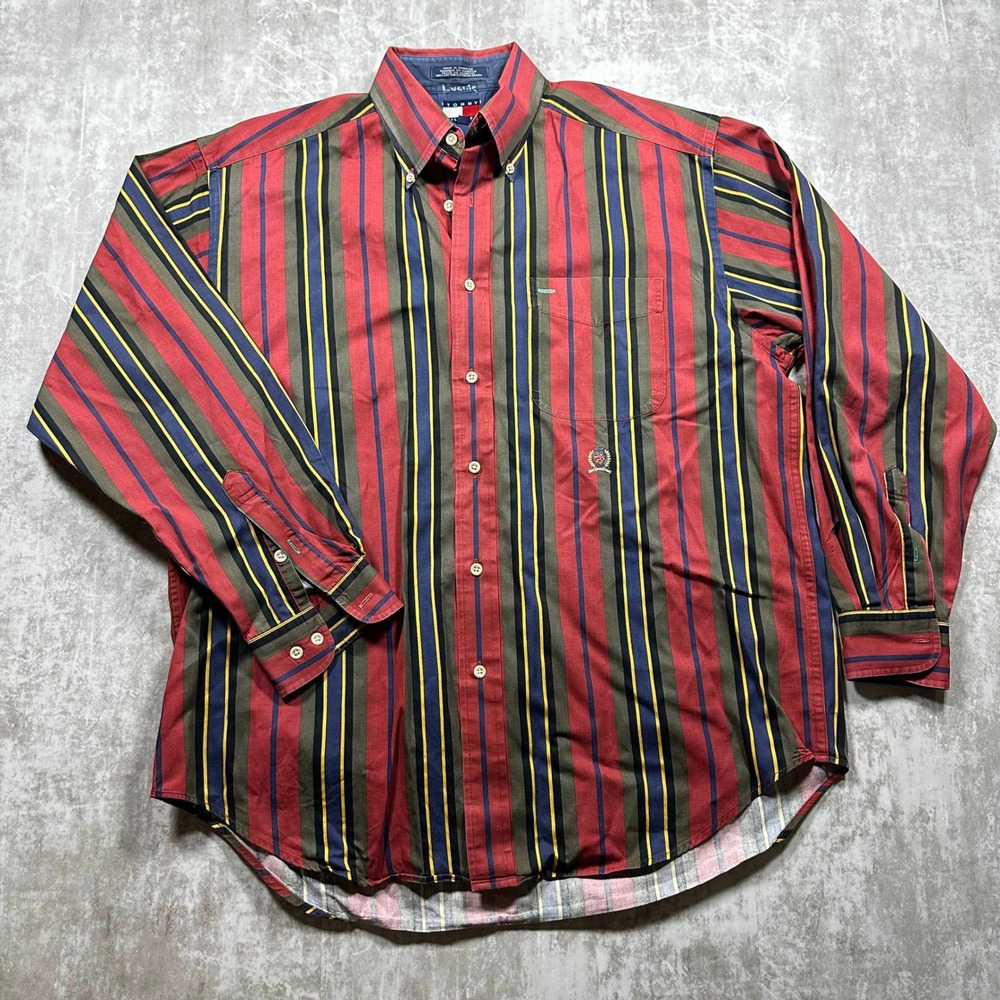 Tommy Hilfiger Button Down Shirt Mens Medium Red Multi-Color Vertical Stripe 90s